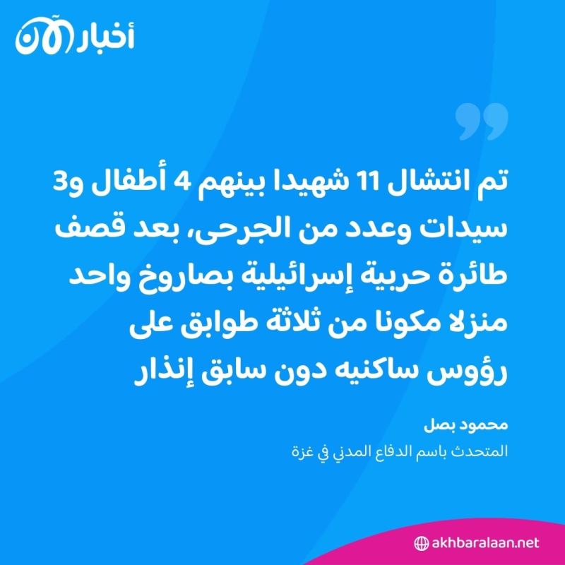 مقتل 11 شخصا من عائلة واحدة في غارة إسرائيلية على منزل بمدينة غزة